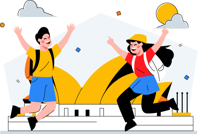 Dois viajantes em férias na Ópera de Sydney  Ilustração