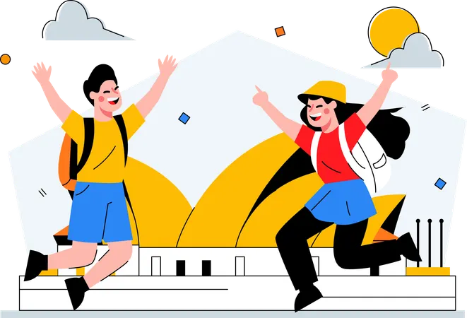 Dois viajantes em férias na Ópera de Sydney  Ilustração