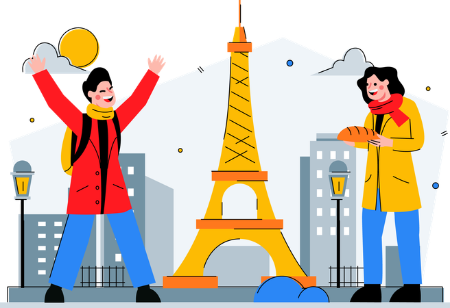 Dois viajantes visitam a Torre Eiffel  Ilustração