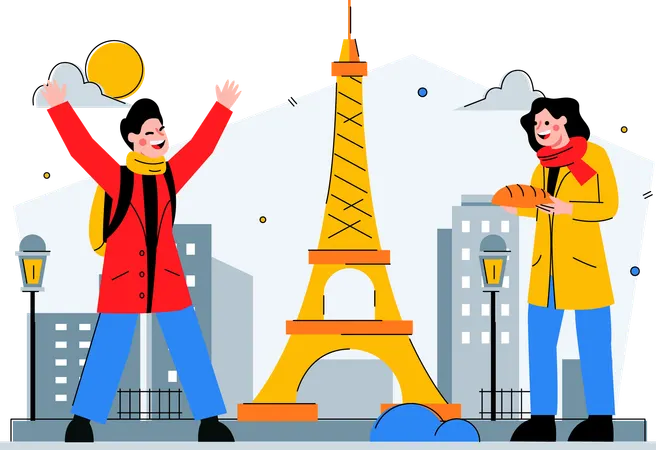 Dois viajantes visitam a Torre Eiffel  Ilustração