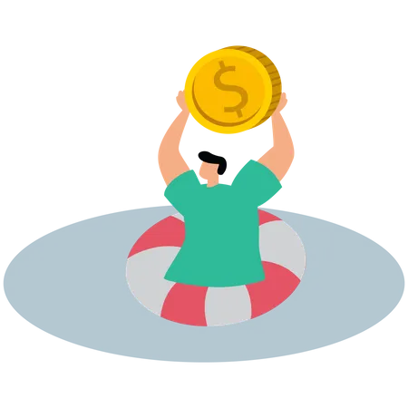 Dollar Coin float with a lifebuoy in the sea  Illustration