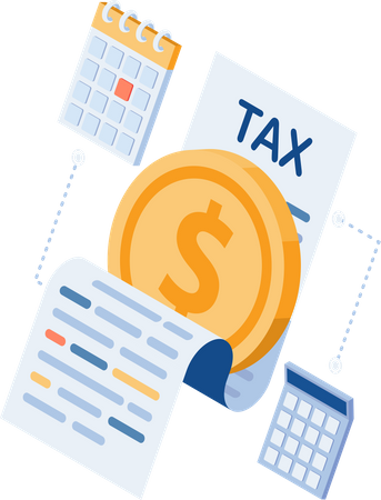 Dollar Coin on Tax Document with Calendar and Calculator  Illustration