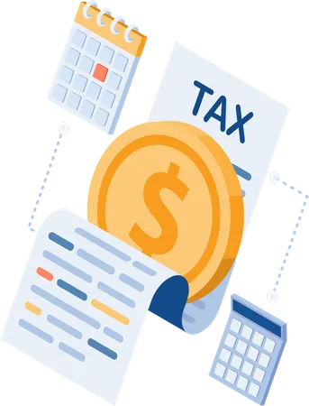 Dollar Coin on Tax Document with Calendar and Calculator  Illustration