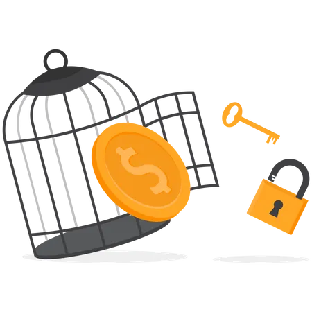 Dollar with key free himself from cage  Illustration