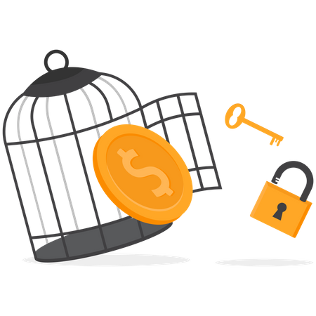 Dollar with key free himself from cage  Illustration