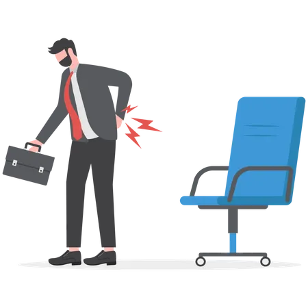 Oficinista doloroso sosteniendo su dolor de espalda con una silla de oficina  Ilustración