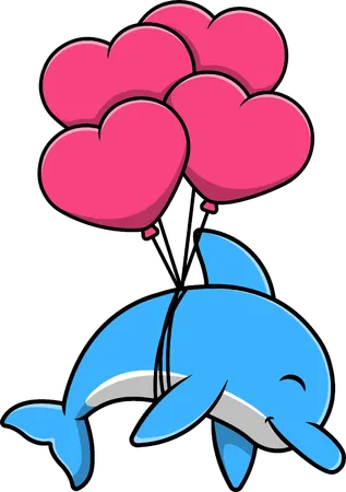 Dolphin Floating With Heart Love Balloon  Illustration