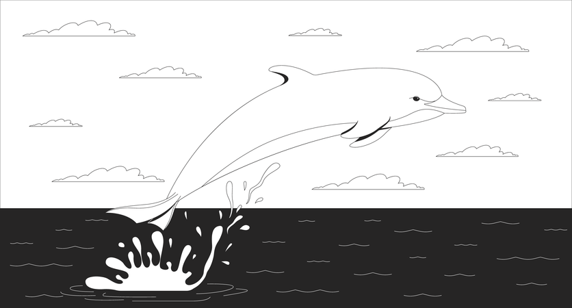 Dolphin jumping at sunset ocean  Illustration