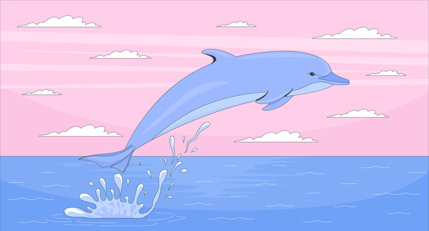Dolphin jumping at sunset ocean  Illustration