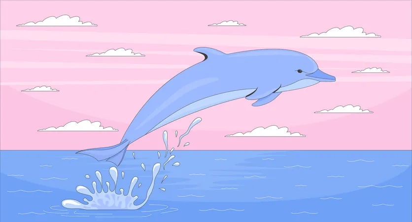 Dolphin jumping at sunset ocean  Illustration