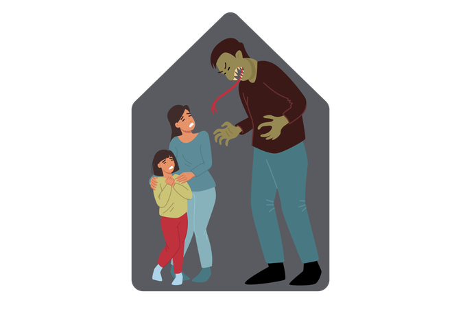 Domestic violence from tyrant man shouting at woman and child  Illustration