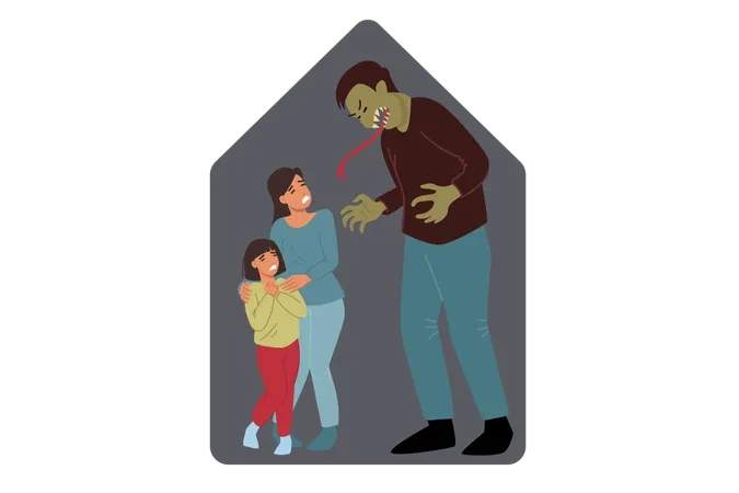 Domestic violence from tyrant man shouting at woman and child  Illustration