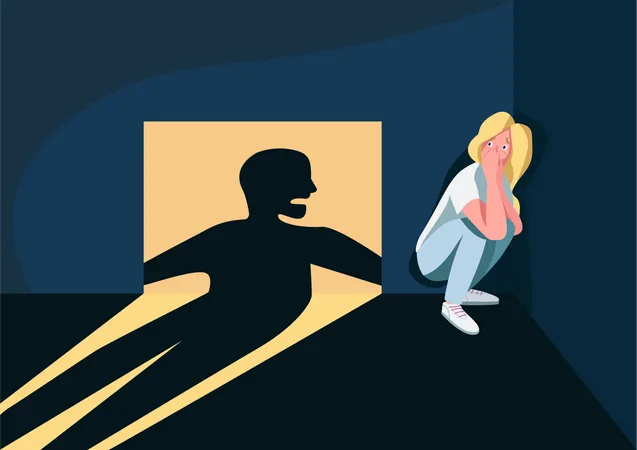Domestic Violence Victim Flat Color Vector Illustration Frightened Woman Hiding In Corner 2 D Cartoon Character With Angry Man Shadow On Background Physical And Psychological Abuse In Family Illustration
