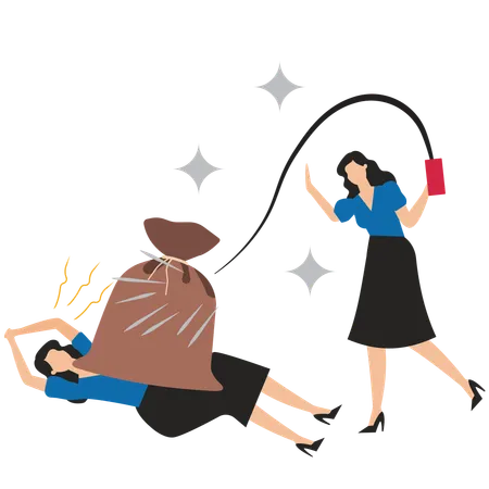 Domineering boss with whip to beat employees who work  Illustration