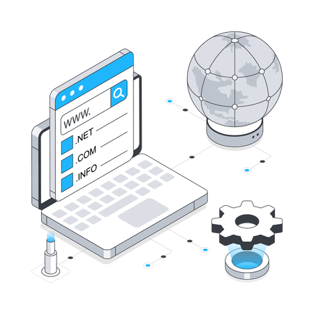 Dominios de sitios web en una computadora portátil  Ilustración