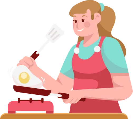Dona de casa cozinhando omelete  Ilustração
