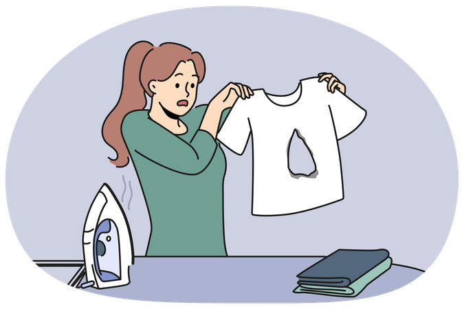 Dona de casa desajeitada passando roupa queimada em camiseta e não sabe consertar erro  Ilustração