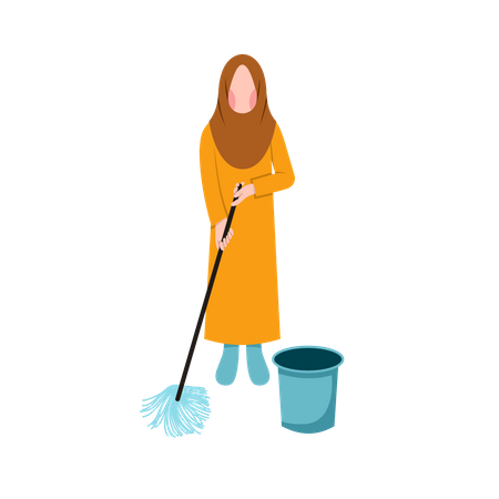 Dona de casa muçulmana limpando o chão  Ilustração