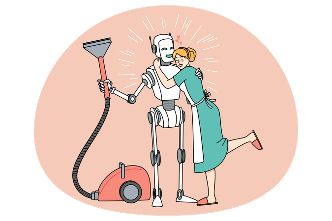 Dona de casa sorridente abraça assistente robótica limpando a casa  Ilustração