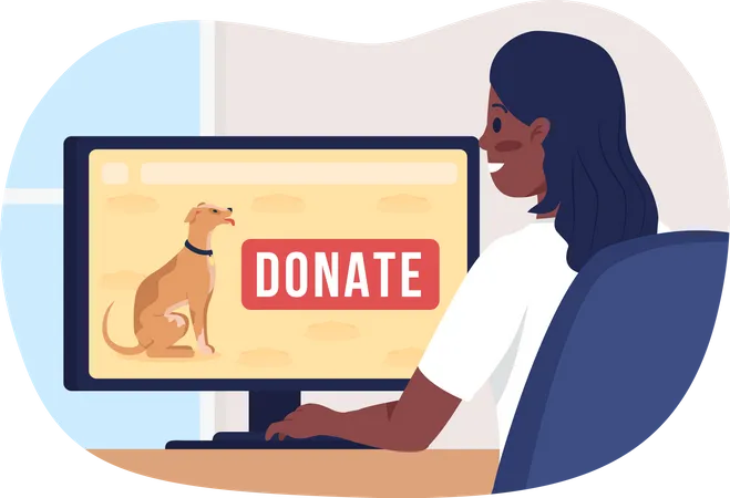 Donate Online To Pet Shelter 2 D Vector Isolated Illustration Happy Woman At Home Participating In Charity Flat Character On Cartoon Background Contribution To Animal Care Colourful Scene イラスト