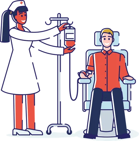 Concept Of Blood Donation World Blood Donor Day Volunteer Man Is Donating Blood In Medical Blood Bank Nurse Woman Is Assisting The Process Cartoon Linear Outline Flat Style Vector Illustration Illustration