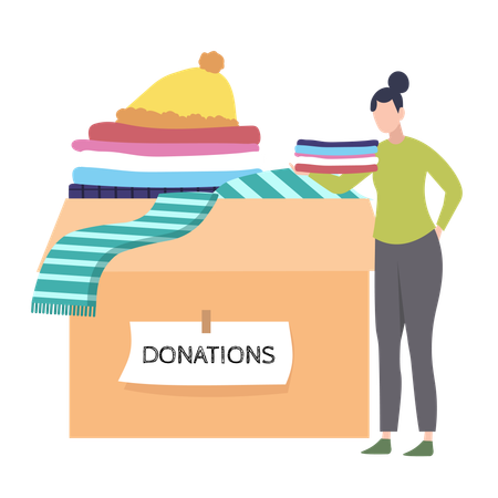 Donation Box Filled with Clothing and a Volunteer Adding Items  Illustration