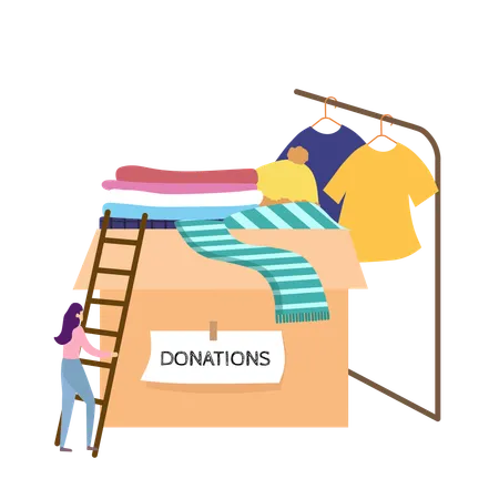 Donation Box with Clothing and Volunteer Climbing Ladder  Illustration