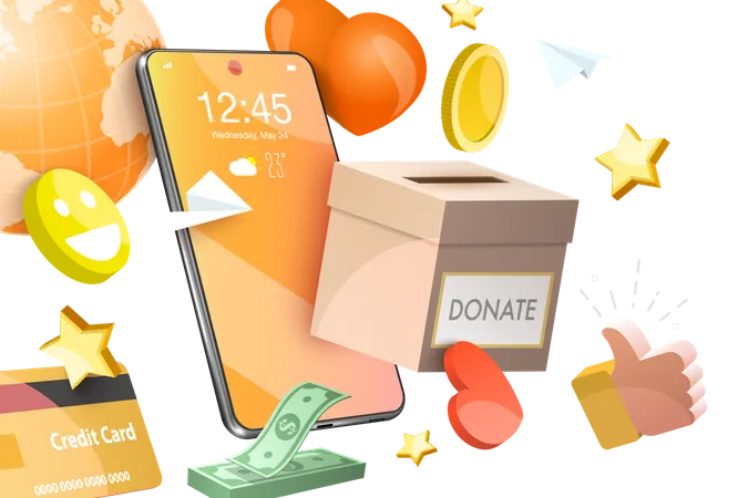 3 D Vector Conceptual Illustration Of Donation Money Mobile Charity Apps Online Easy Giving イラスト