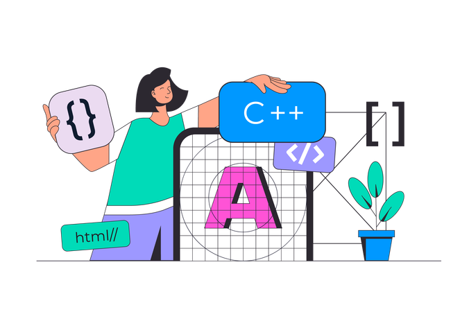 Donna che programma e codifica prodotti mobili  Illustration