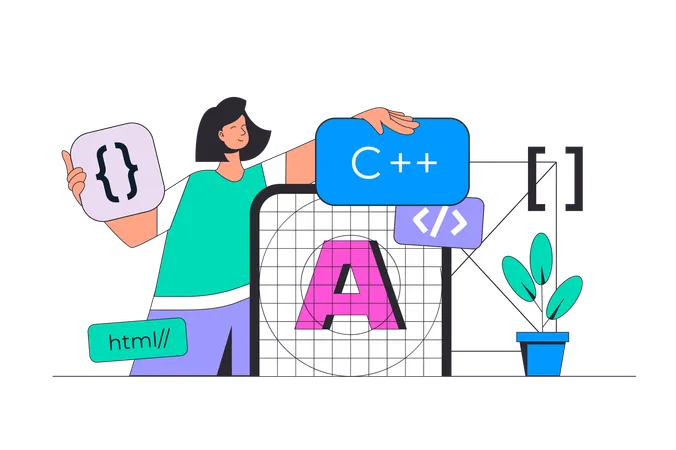 Donna che programma e codifica prodotti mobili  Illustration