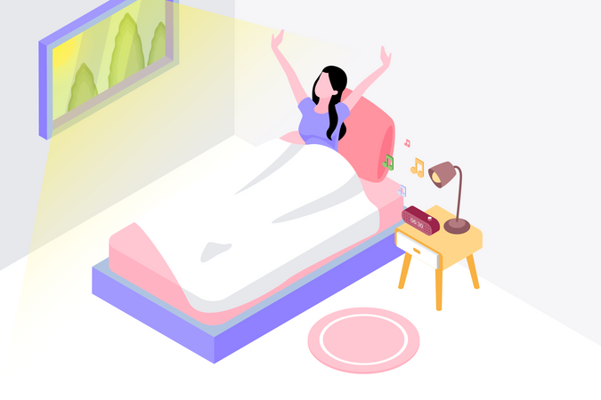 La donna si sveglia nella camera da letto intelligente al mattino presto  Illustration