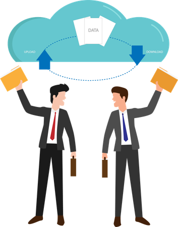 Données dans la base de données sur le service cloud Homme d'affaires détenant un document de stockage cloud avec flèche vers le haut et téléchargeant Cloud avec flèche vers le bas  Illustration