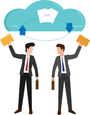 Données dans la base de données sur le service cloud Homme d'affaires détenant un document de stockage cloud avec flèche vers le haut et téléchargeant Cloud avec flèche vers le bas  Illustration