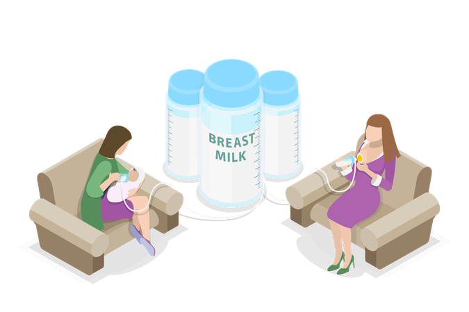 ,Donneuse collectant du lait avec une pompe  Illustration