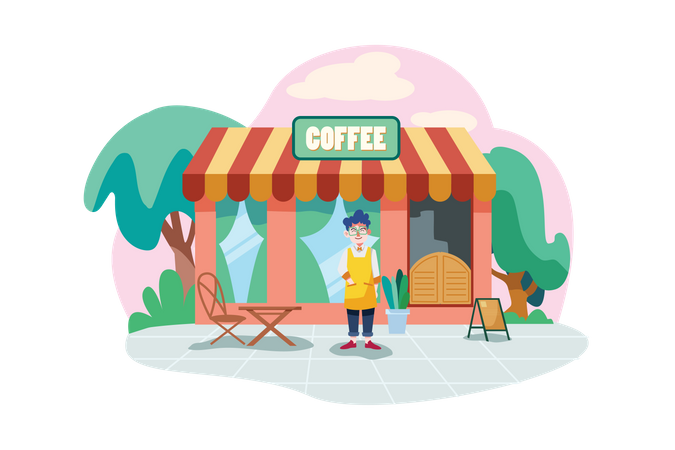 Dono de cafeteria usando avental em frente à fachada da loja  Ilustração