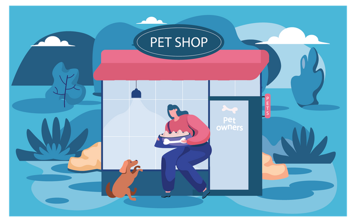 Dono de pet shop dando comida para cachorro  Ilustração
