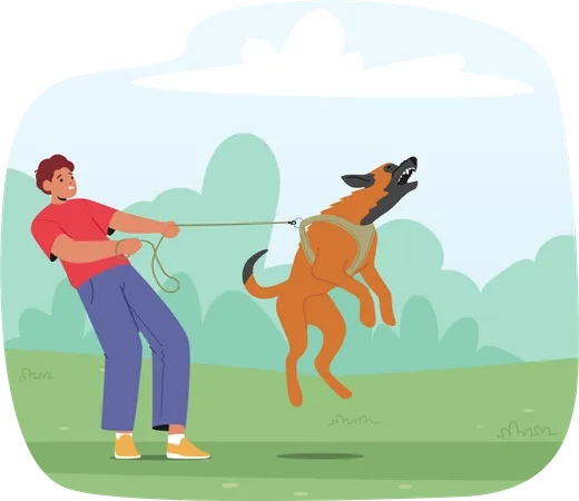 Proprietário masculino lutando para controlar cão agressivo  Ilustração