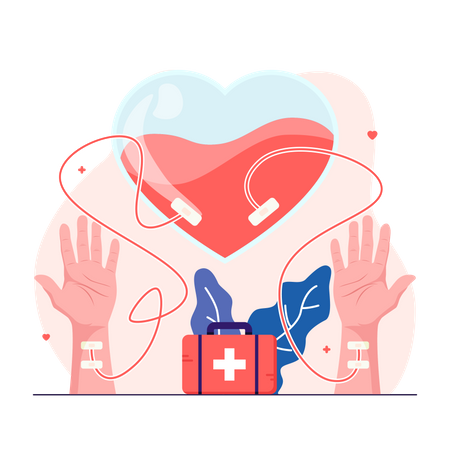 Donor arm is delivering blood to recipient of the heart-shaped blood bag  Illustration