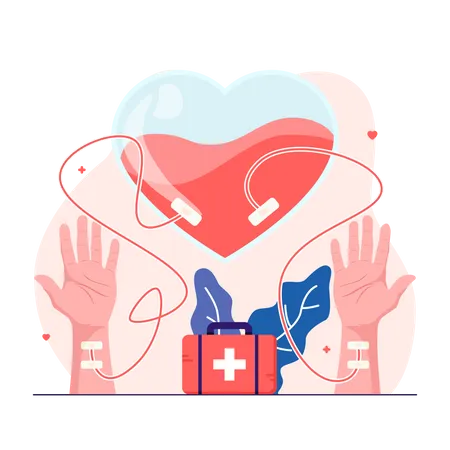 Donor arm is delivering blood to recipient of the heart-shaped blood bag  Illustration