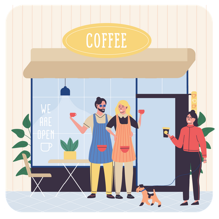 Proprietários de cafeteria segurando uma xícara de café  Ilustração