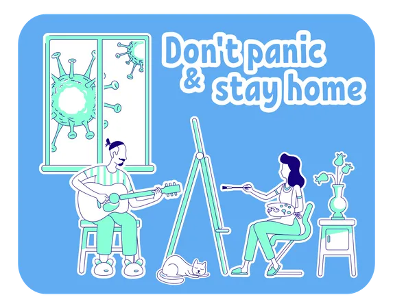 Dont Panic And Stay At Home Thin Line Concept Vector Illustration Couple Learning Creative Hobbies Man Woman Relax Quarantine 2 D Cartoon Characters For Web Design Self Isolation Creative Idea Illustration