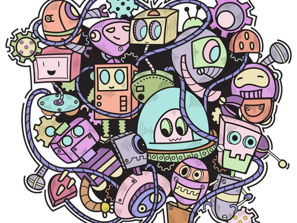 Arte da parede do robô Doodle  Ilustração