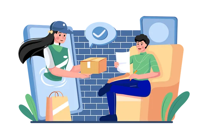 Women Receive A Package Appear From Screen Phone By Courier At Home Illustration
