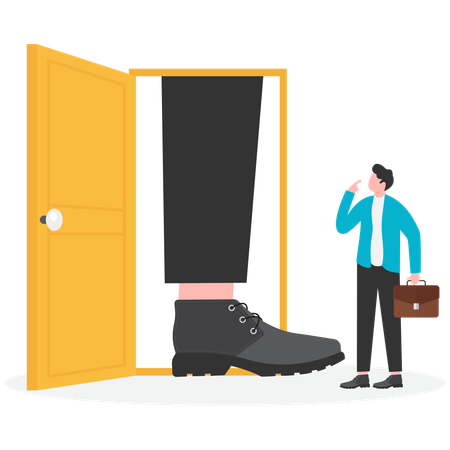 Door to success of businessman blocked by feet of giants  Illustration