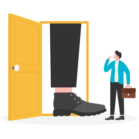 Door to success of businessman blocked by feet of giants  Illustration