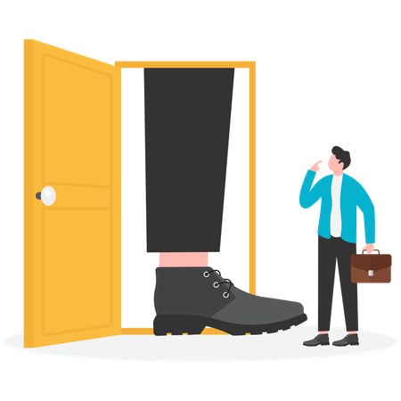Door to success of businessman blocked by feet of giants  Illustration