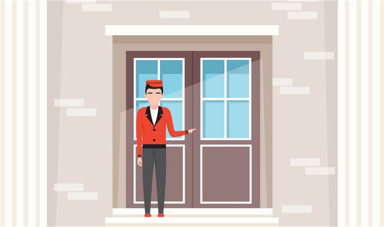 Doorman standing in front of hotel entrance Illustration