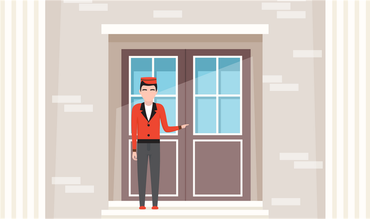 Doorman standing in front of hotel entrance  Illustration