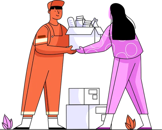 Illustration Of A Delivery Worker Handing Over Groceries To A Customer At Their Doorstep Highlighting Personalized Service Illustration