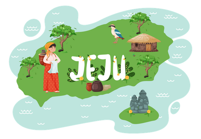 Dorfbewohnerin steht auf der Insel Jeju  Illustration